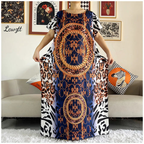 Fashion New Style Flower Sleeve African Dashiki Floral Print Waist Belt Cotton Caftan Lady Summer Maxi Casual Dresses Vestidos