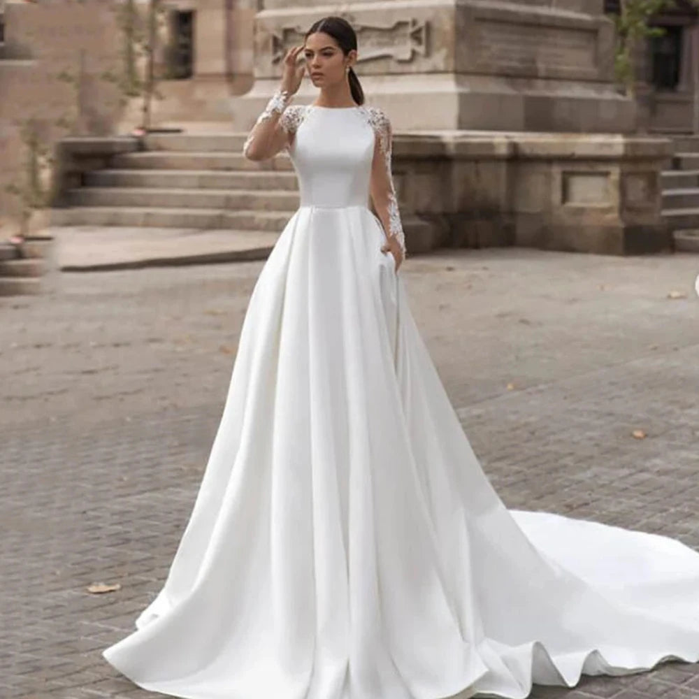 Elegant Satin Wedding Dresses Long Sleeve