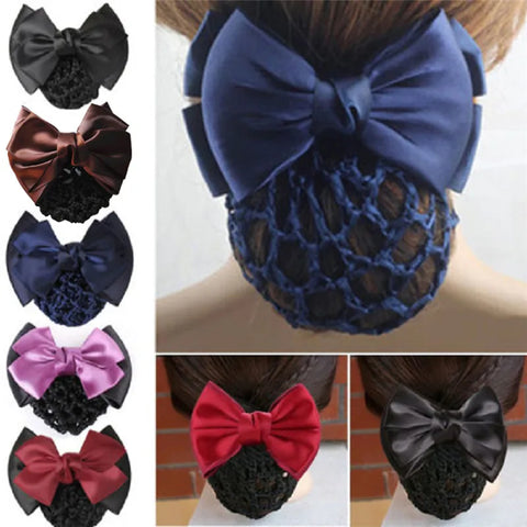 Satin Bow Hair Net Barrette Flight Attendant Ribbon Hair Clip Hair Bun Cover Net Headwear Fashion Snood Women Hair Accessories