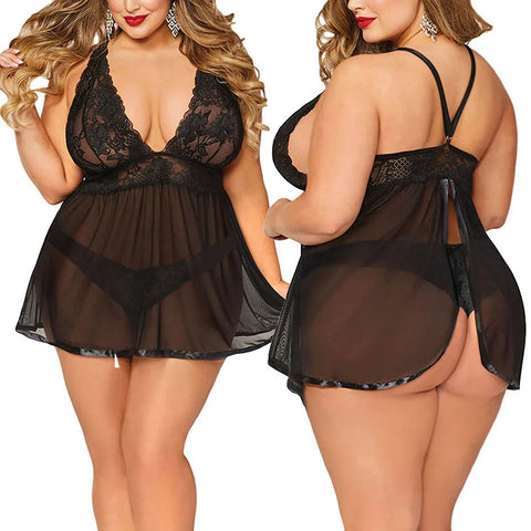 Hot Sale Plus Size Women Black Sexy Big Dress Deep V Open Back Lingerie Lace Babydoll Sleepwear Dress With Thongs Underwear