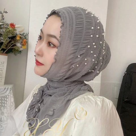 Muslim Solid Color Beaded Arab Hijab Malaysia Women Pearl Soft and Easy to Wear Hijab Turkish Head Wrap Scarf