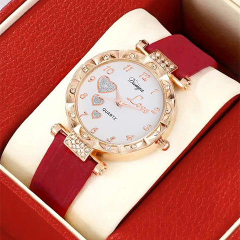 5-piece set of women's trendy and versatile college light luxury leather with diamond inlaid wrist watch, love quartz watch