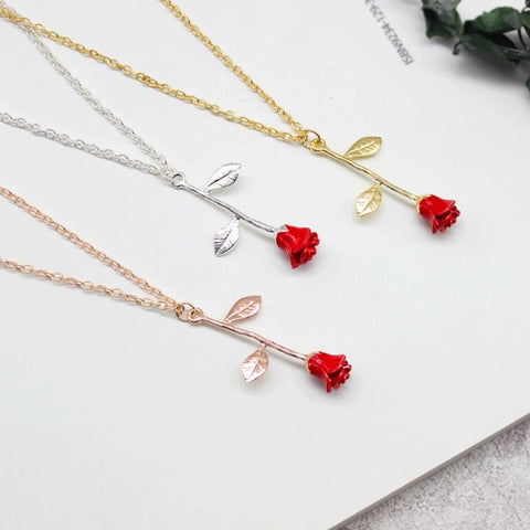 Retro Beauty and Beast Golden Filled Jewelry Decor 3D Red Rose Pendant Necklaces