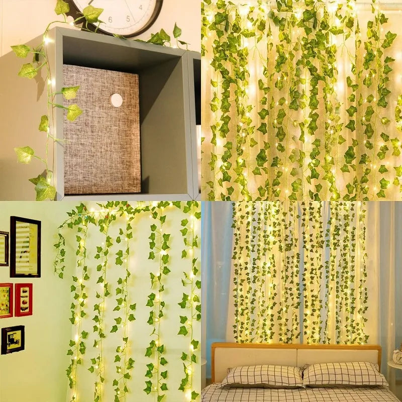 Artificial Plant Green Ivy Leaf DIY Garland Fake Plant Creeper Hanging Vine with 30LED String Light for Wedding Home Party Decor