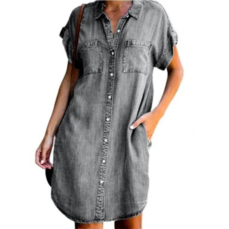 Denim Shirt Dresses Short Sleeve Distressed Jean Dress