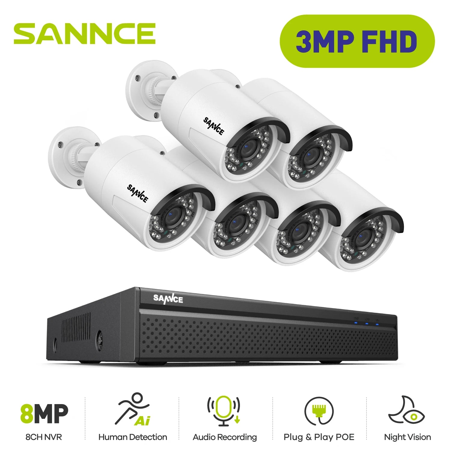 SANNCE 5MP POE Video Surveillance Cameras System 8CH H.264+ 8MP NVR Recorder 5MP Security Cameras Audio Recording POE IP Cameras