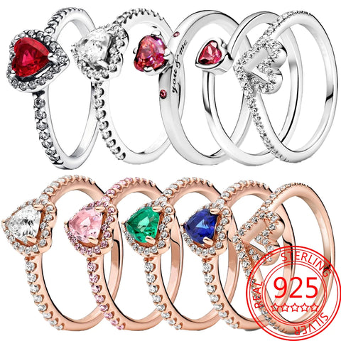 Heart Shaped Inlay Series 925 Sterling Silver Multi Color Heart-Shaped Zircon Sparkling Ring Showcasing Love Jewelry