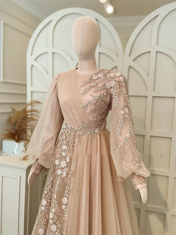 Elegant Champagne Muslim A-Line Tulle Wedding Guest Evening Cocktail Prom Homecoming Dresses for Bride Special Occasion