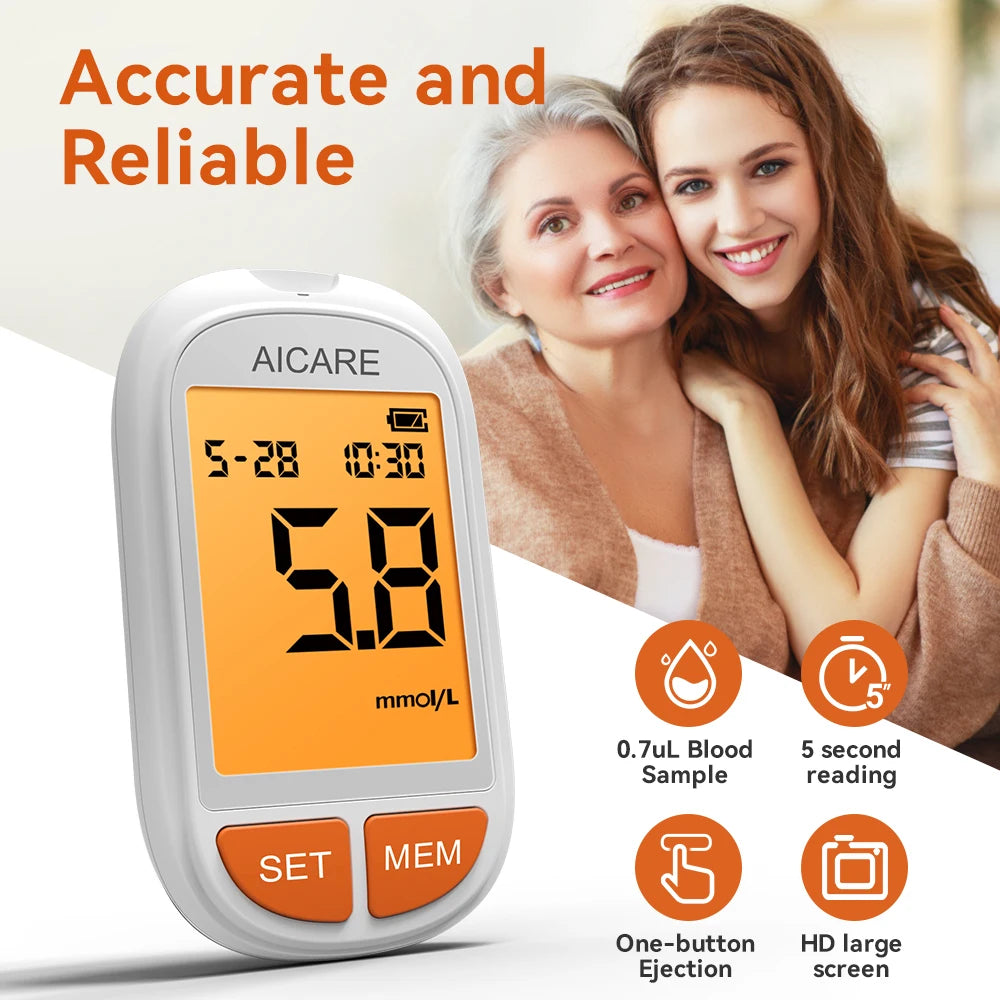 AICARE Blood Glucose Meter Glucometer Diabetes 50/100 Test Strips Lancets Blood Sugar Meter Monitor Medical Devices Tester