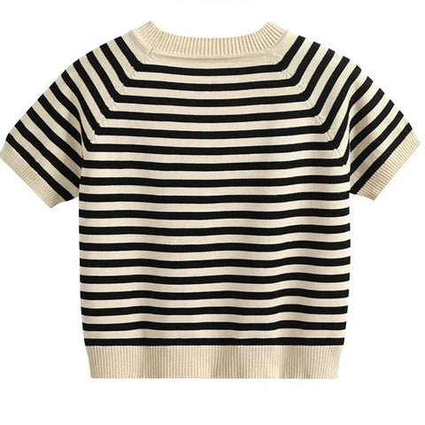 Women Summer New Versatile O-neck Striped Short Sleeved T-shirt Elastic Simple Basic Crop Tops Slim Outer Wear Knit Bottom Shirt