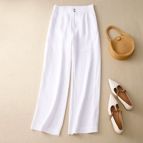 Linen High Waist Solid Color Wide Leg Pants