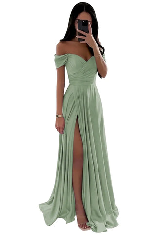 GDYBAO Women's Off The Shoulder Bridesmaid Dresses for Wedding With Slit Long  Pleated Satin Prom Dress A-Line Evening Gowns