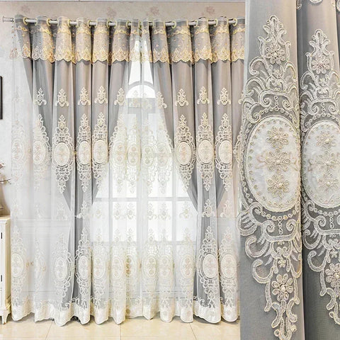 Luxury Embossed Embroidered Double Layer Curtains for Living Room Blackout 3D Floral Pearl Sheer Tulle Bedroom Decor Custom lace