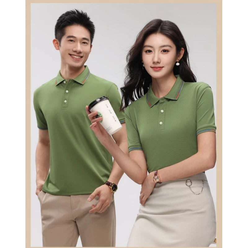 Men's Polo Shirt Summer Women's Flip Collar Breathable Thin Color Matching Pullover Top Short Sleeved Top