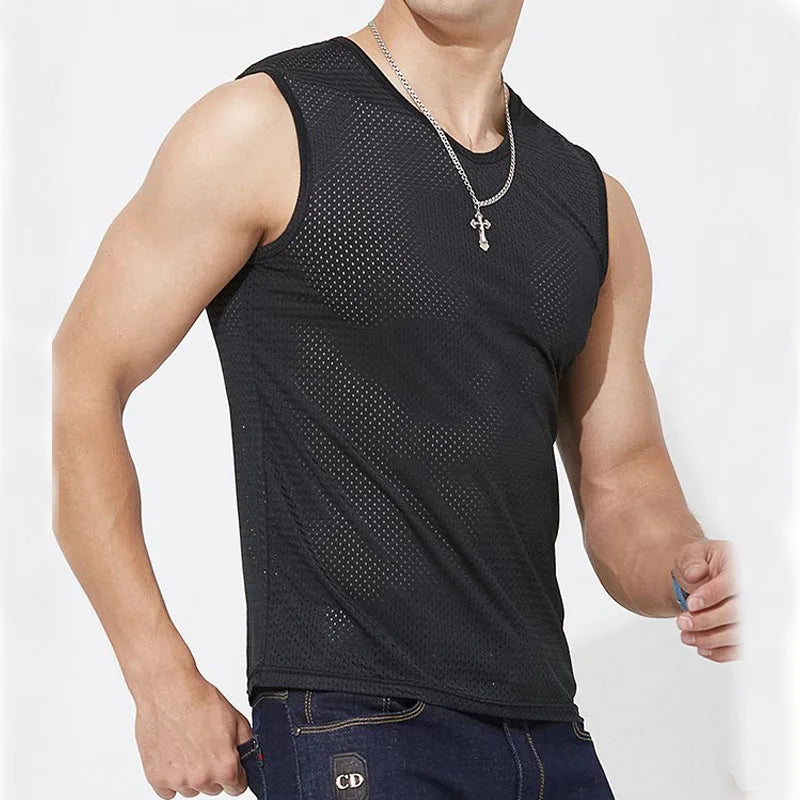 Men's Ice Silk Mesh Tank Tops Gym Stringer Transparent Bodybuilding Sleeveless Shirt Fitness Vest Male mesh Muscle Singlets