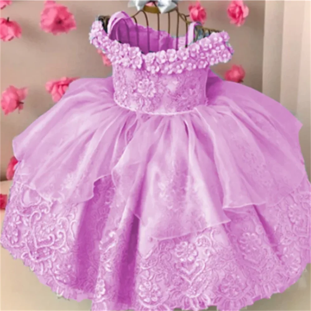 Baby Girls Dresses Off Shoulder Pearls Lace Butterflies Flower Princess Dress Infant First Birthday Party Gown  Communion Gift