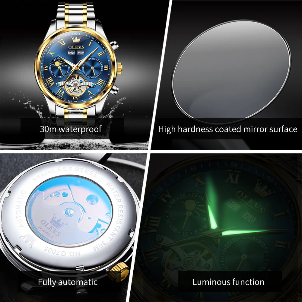 OLEVS Luxury Men's Watches Fashion Waterproof Multifunctional Fully Automatic Mechanical Watch Complete Calendar Moon Phase