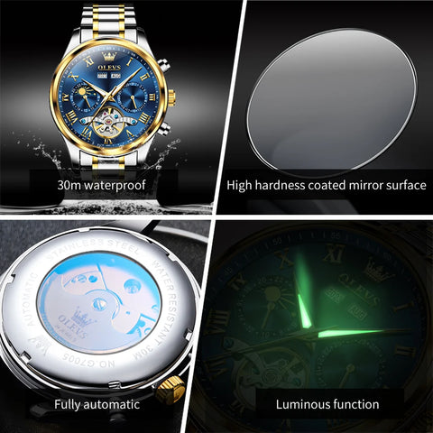 OLEVS Luxury Men's Watches Fashion Waterproof Multifunctional Fully Automatic Mechanical Watch Complete Calendar Moon Phase