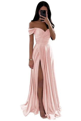 GDYBAO Women's Off The Shoulder Bridesmaid Dresses for Wedding With Slit Long  Pleated Satin Prom Dress A-Line Evening Gowns