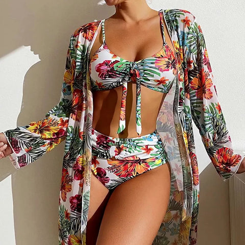 Women Bikini Set With Mesh Long-Sleeved Blouse