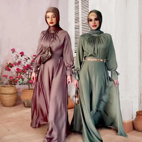 Fashion Abaya Dubai Turkish Kaftan Ramadan Eid Satin Loose Long Dress For Muslim Women Arab Female Dress Islamic  African