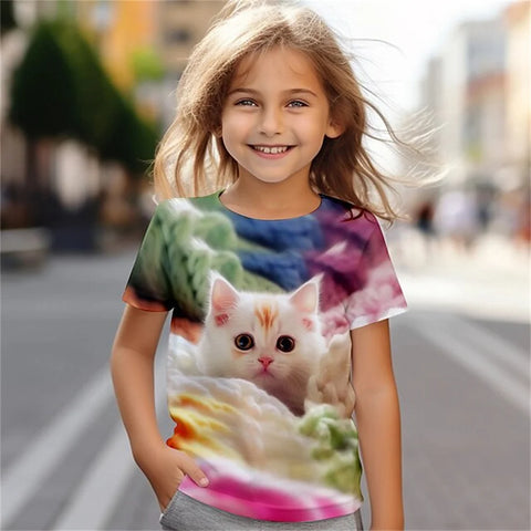 Cat Short Sleeve Horse Child Tshirt Summer Kawaii Kid T-Shirt For Children Tops Fashion Tee Girls Clothes From 8 To 14 Years Old