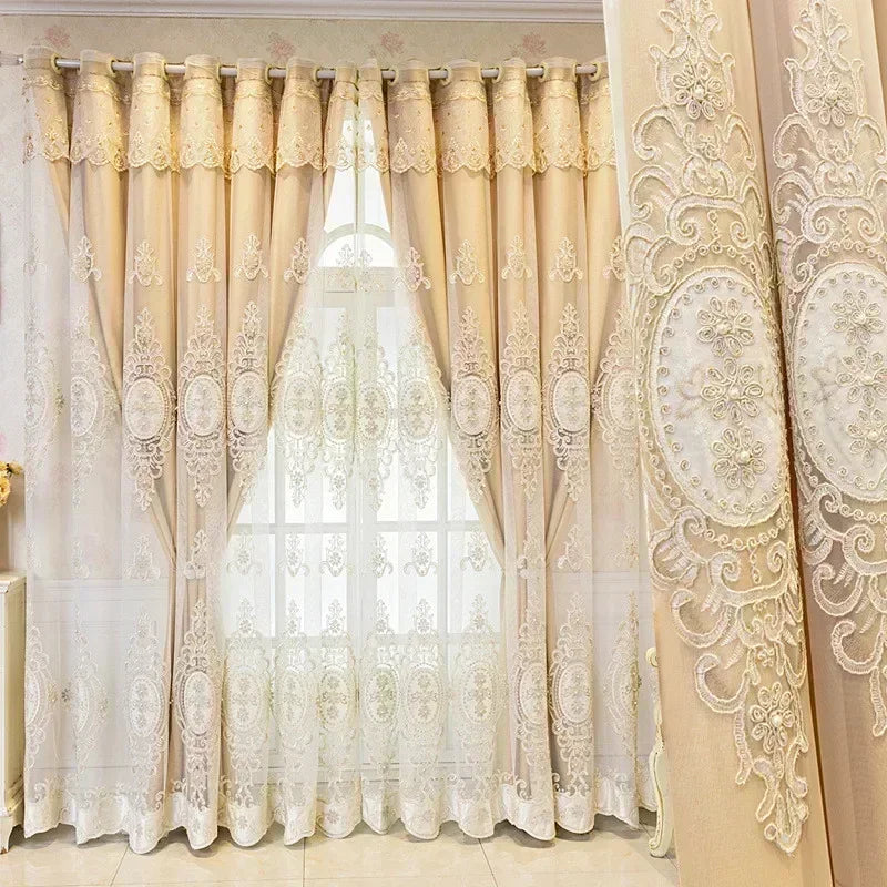 Luxury Embossed Embroidered Double Layer Curtains for Living Room Blackout 3D Floral Pearl Sheer Tulle Bedroom Decor Custom lace