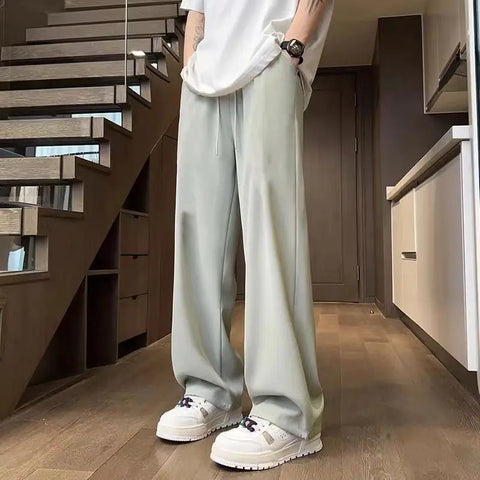 Summer Fashion Thin Ice Silk Loose Straight Pants Men Solid Elastic Waist Drawstring Pocket Casual Ventilate Wide Leg Trousers