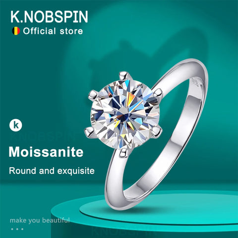 KNOBSPIN D VVS Moissanite Rings for Women 6 Prong Classic Trendy Solitaire Engagement Wedding Band GRA Certified 925 Sliver Ring