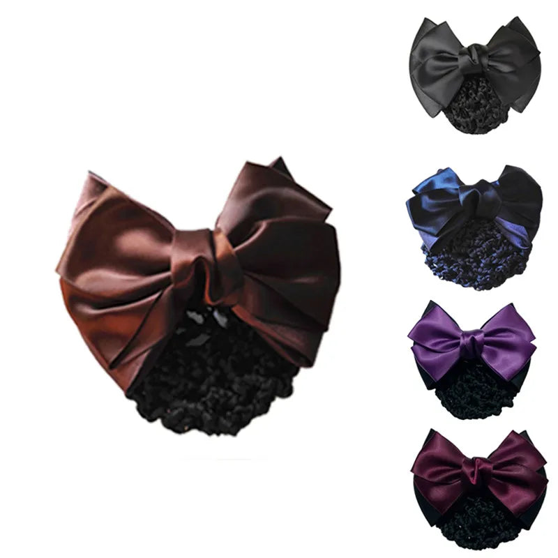 Satin Bow Hair Net Barrette Flight Attendant Ribbon Hair Clip Hair Bun Cover Net Headwear Fashion Snood Women Hair Accessories