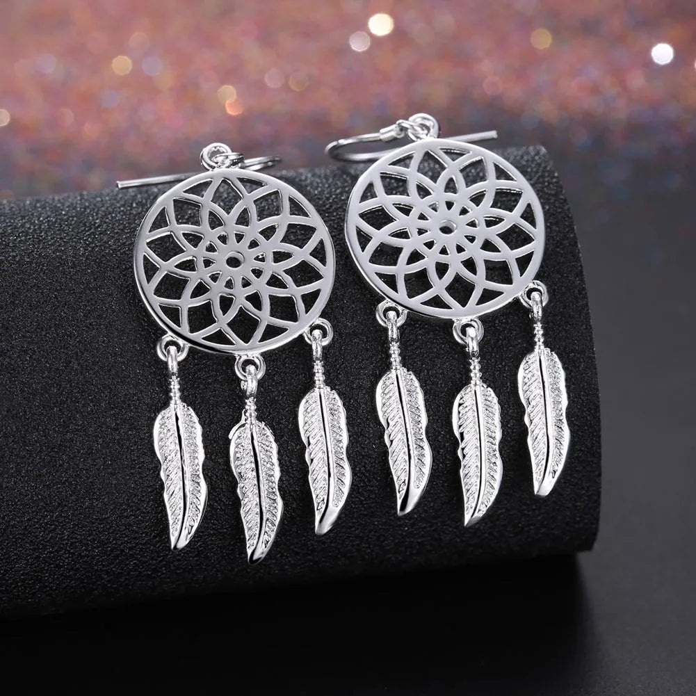 Silver Dream catcher feathers earrings for women