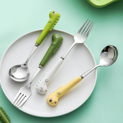 Baby Gadgets Tableware Cartoon Dinosaur Children Utensil Stainless Steel Toddler Dinnerware Cutlery Food Feeding Spoon Fork