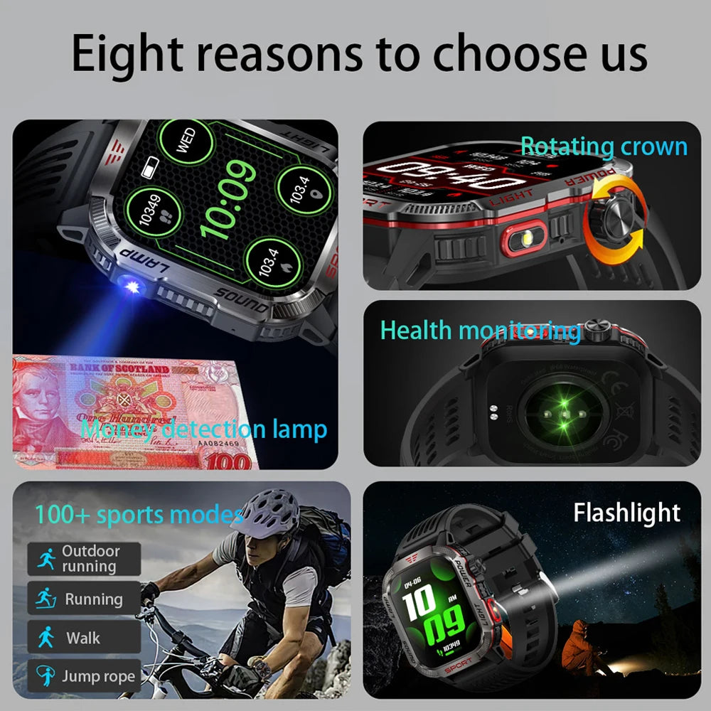 Outdoor Sports Compass SmartWatch Men Currency Detection Light Flashlight 600mAh Battery Waterproof Bluetooth Call Smart Watch