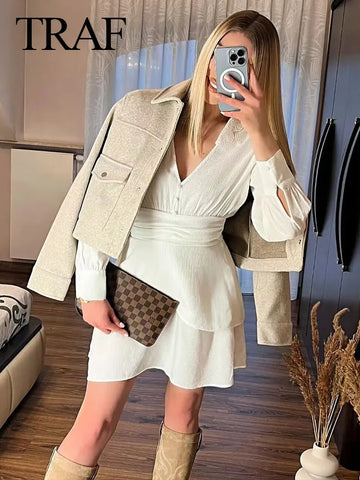 Women's Button Down Turndown Collar Jacket Female Soft Tweed Casual Coats