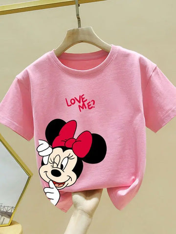 Minnie Printing T-shirt Babies Girls O-neck Bottoming Shirt Fashion Simple Cute Short Sleeve Tops Child Cartoon Clothes