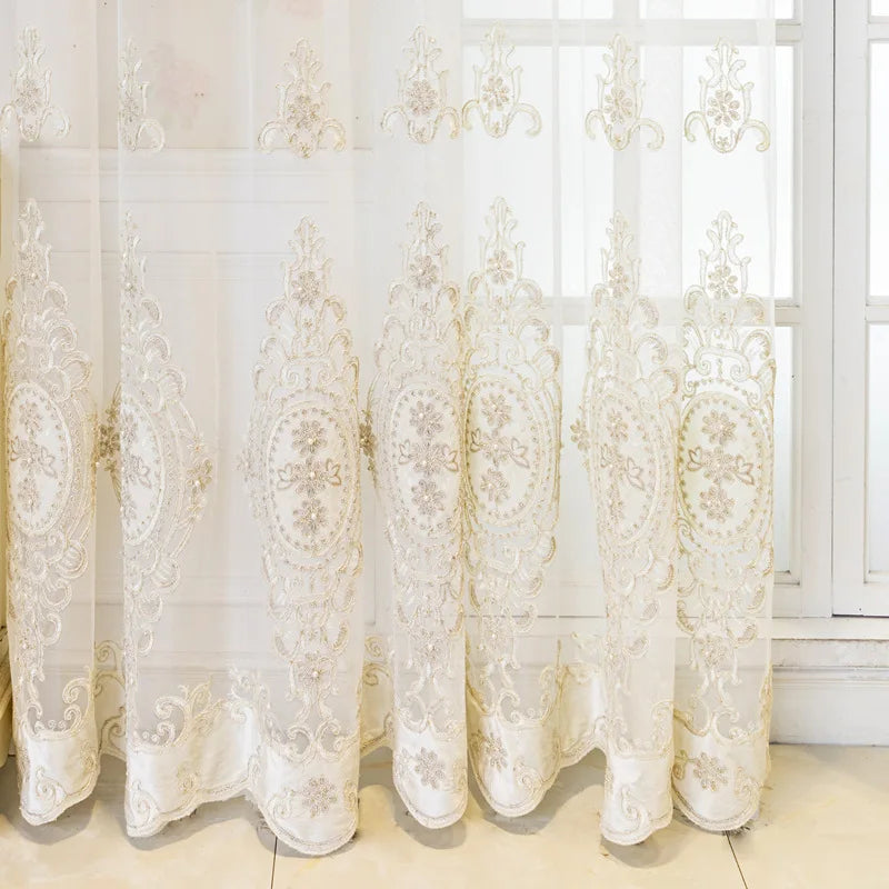 Luxury Embossed Embroidered Double Layer Curtains for Living Room Blackout 3D Floral Pearl Sheer Tulle Bedroom Decor Custom lace