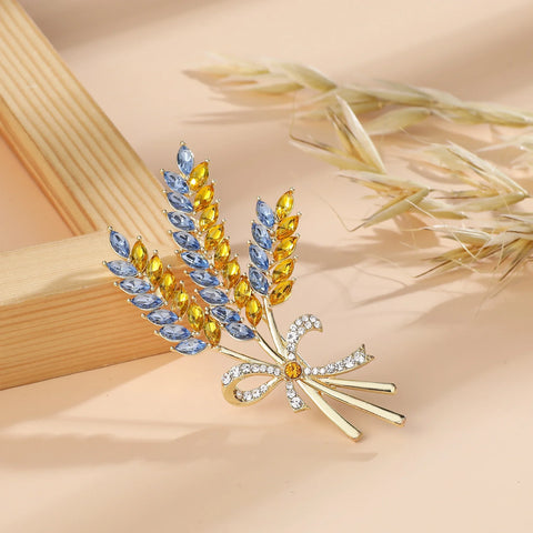 Dmari Fashion Women Jewelry Accessories Wholesale Three Head Wheat Brooch Ukraine Badge Shiny Rhinestone Lapel Pin