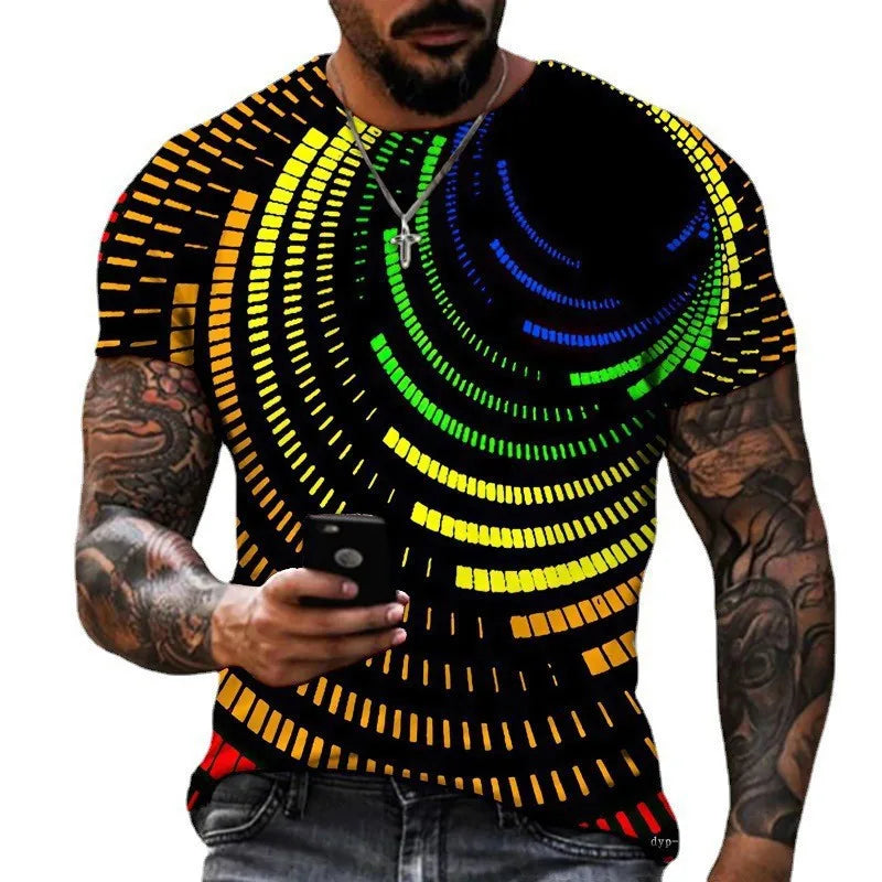 3D digital printed wave grid pattern men's short sleeve T-shirt