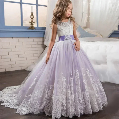 6-14 Years Lace Tulle Flower Girl Dresses Flower Bows Children First Communion Ball Gown Wedding Party Bridesmaid Dress for Kids