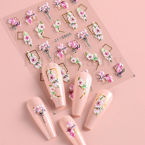 Gold Frame Nail Decals Cherry Blossom Manicure GLJI-5D05