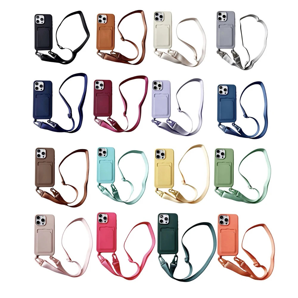 Crossbody Lanyard Necklace Rope Wallet Silicone Case For iPhone 15 Plus 14 13 12 11 Pro Max Slot Card Holder Plain Back Cover