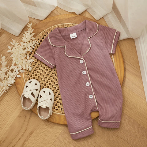 Soft Cotton Baby Girls Boys Romper Pajama Sleepwear Short Sleeve Contrast Trim Button Down Waffle Jumpsuit Infant Kids Clothes