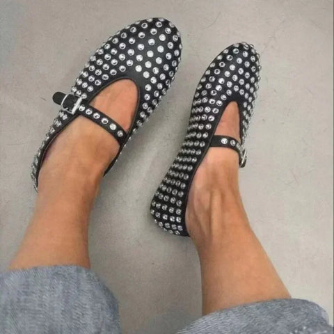 European and American Women's Fashionable Diamond Studded Mary Jane Single Shoes Casual Flat Bottomed Round Toe Buckle Shoes