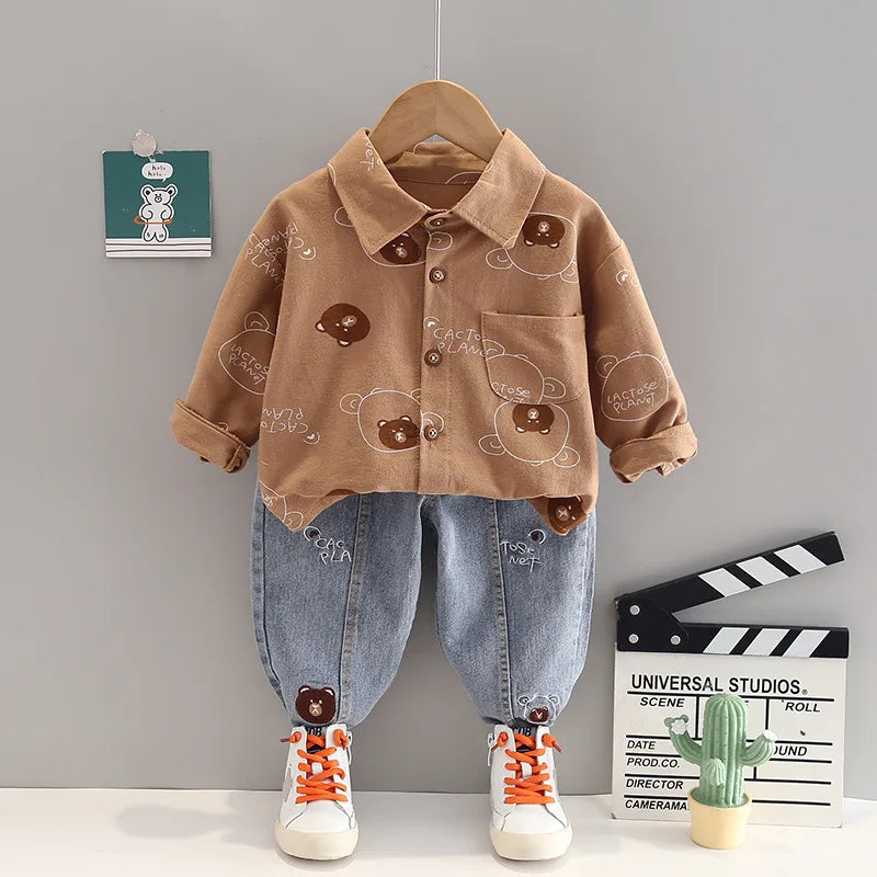 New Spring Autumn Boys Clothing Set Full Print Bear Shirt + Jeans 2Pcs Suit For Kids Children Birthday Present Outfit