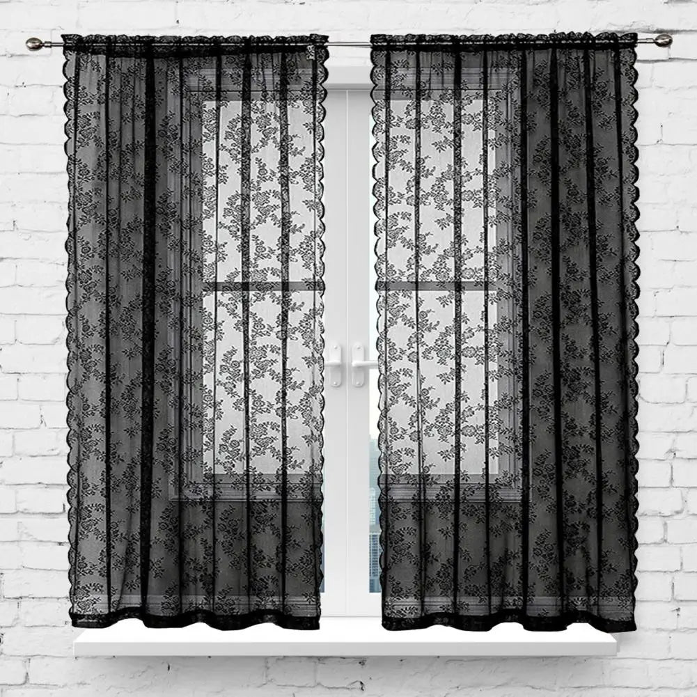 Lace Curtain Airy Sunscreen Thin Dustproof Washable Decorative Tear Resistant Floral Patterned Black Lace Sheer Curtain For Home