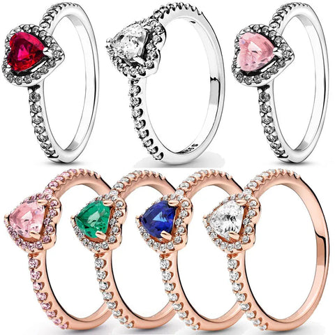 Authentic 925 Sterling Silver Ring Elevated Red Heart With Colorful Crystal Rings For Women Birthday Gift Fashion Jewelry