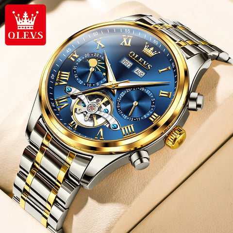 OLEVS Luxury Men's Watches Fashion Waterproof Multifunctional Fully Automatic Mechanical Watch Complete Calendar Moon Phase