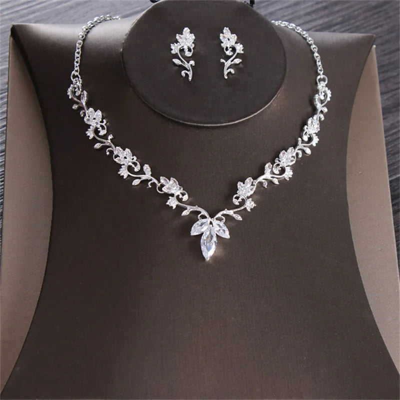 Deluxe Cubic Zirconia Leaf Bridal Jewelry Set Wedding Jewelry Set Rhinestone Crown Crown Necklace Earrings