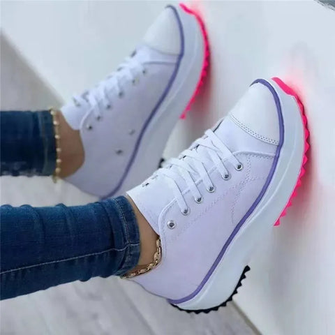 Classic White Canvas Shoes Women Sneakers Solid Lace-Up Casual Platform Shoes