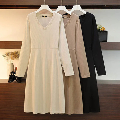 New V-Neck Long Sleeve Knitted Dress Black Apricot Khaki